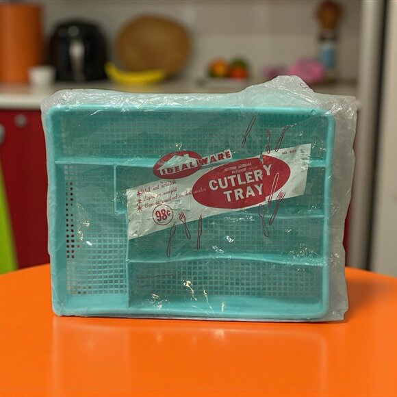 Vtg Turquoise Aqua Divided Plastic Mesh Silverware Drawer Organizer Tray MCM 70s - Picture 1 of 9